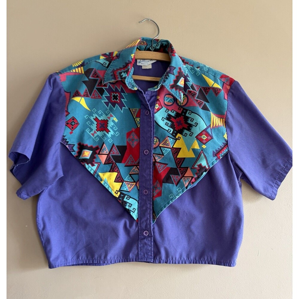 Vtg Latigo Women's Aztec Purple Button Up Boxy Top Shirt Size L Dopamine Boho